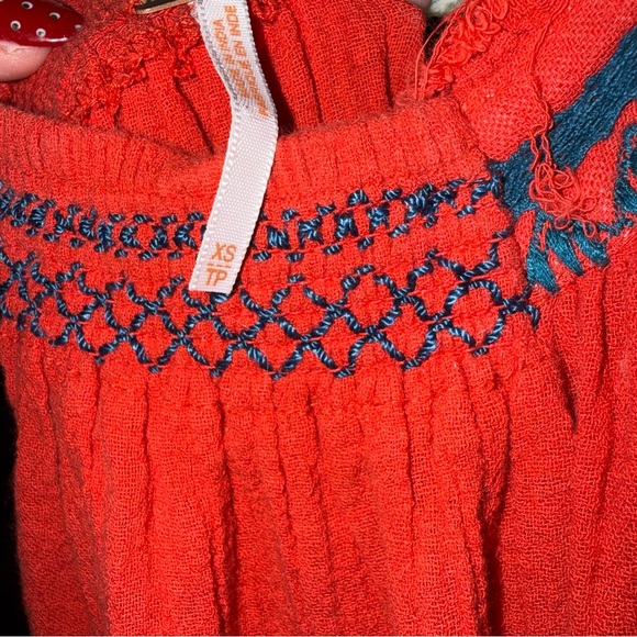 Free People Boho Rust Orange Smocked Halter Dress with Blue Embroidery - Picture 4 of 5